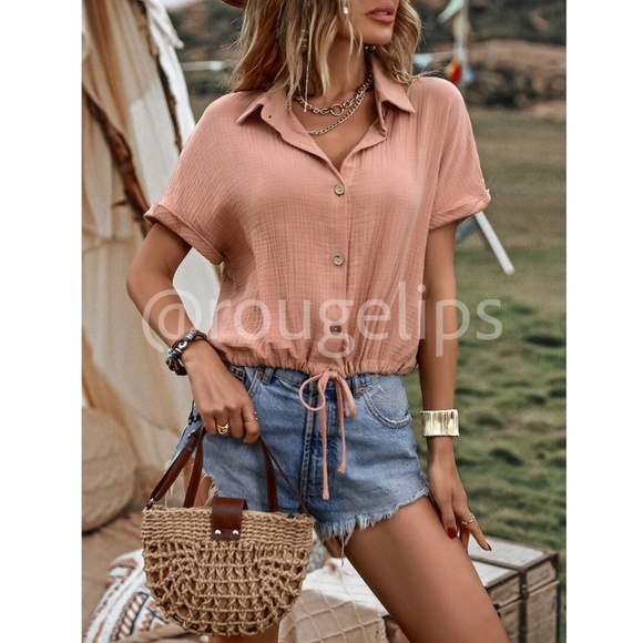 Cotton Short Sleeve Collared Shirt Drawstring Ties, Light Rust Color - Picture 5 of 8